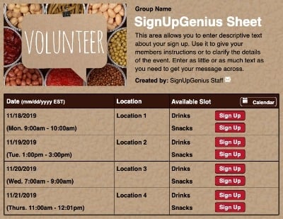 Food Volunteers sign up sheet