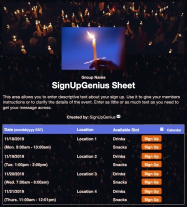 Candlelight Service sign up sheet