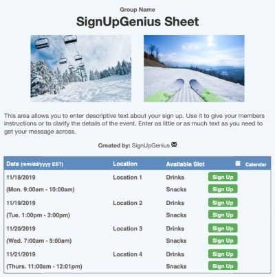 Ski Resort sign up sheet