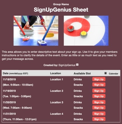 Curling sign up sheet