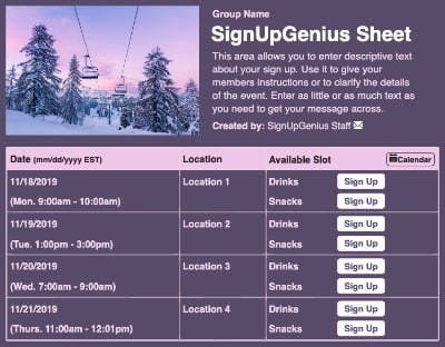Ski Lift sign up sheet