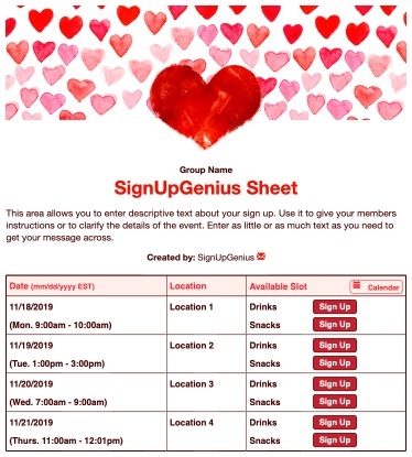 Painted Hearts sign up sheet