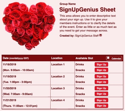Red Roses sign up sheet