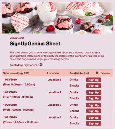 Valentine Desserts sign up sheet