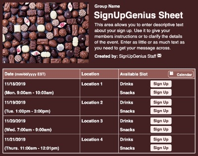 Chocolates sign up sheet
