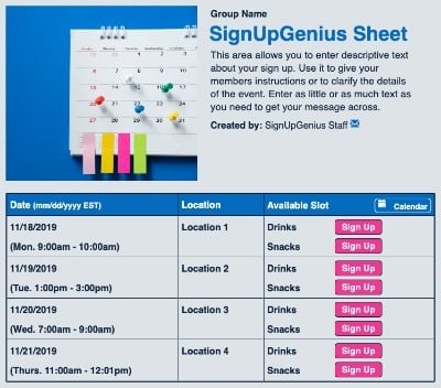 calendar schedule meeting planning sign up form