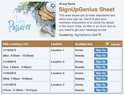 Passover sign up sheet