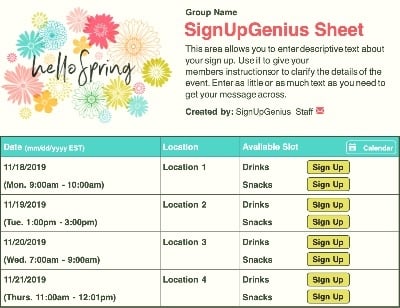 Hello Spring Flowers sign up sheet
