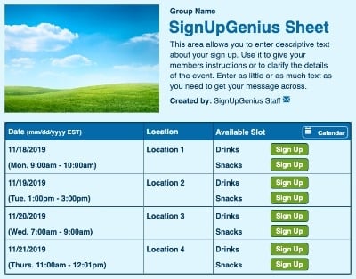 Green Meadow sign up sheet