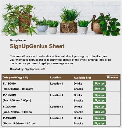 Indoor Plants sign up sheet