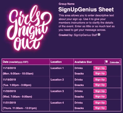 Girls Night Out sign up sheet