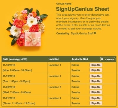 Floral Gift sign up sheet