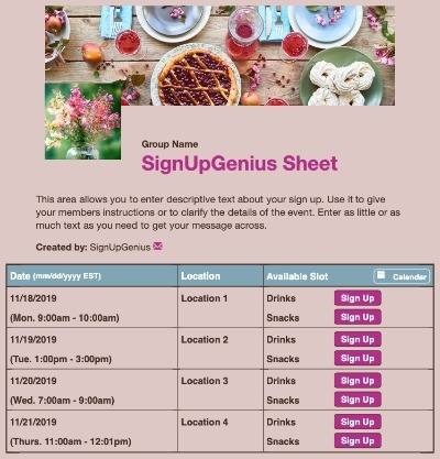 Spring Table sign up sheet