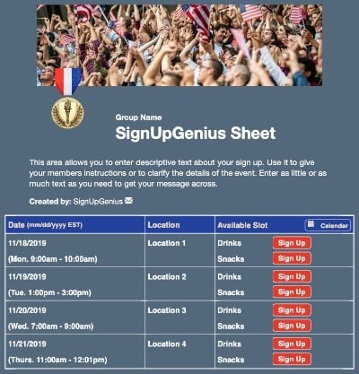 USA Olympic Crowd sign up sheet