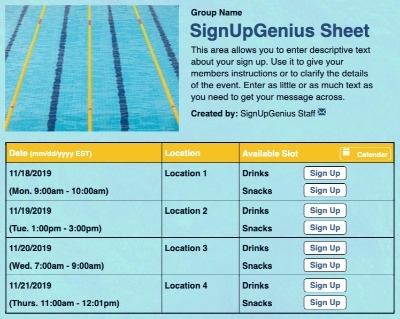 Swim Lanes sign up sheet