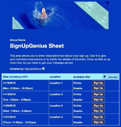 Dive Splash sign up sheet