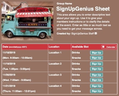 Ice Cream Truck sign up sheet