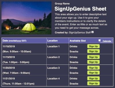 Tent sign up sheet