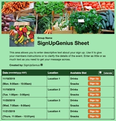 Fresh Produce sign up sheet