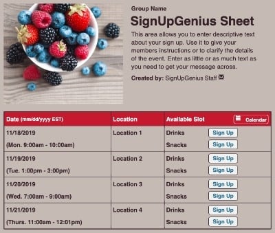 Berries sign up sheet