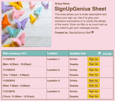 Paper Butterflies sign up sheet