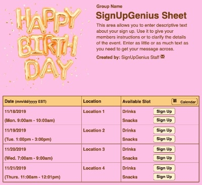 Happy Birthday Pink sign up sheet