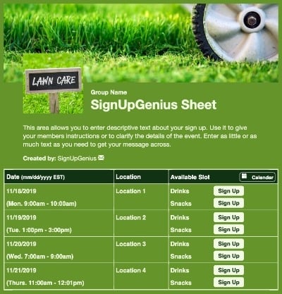 Lawn Care sign up sheet
