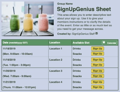 Smoothies sign up sheet