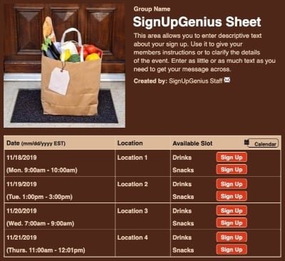 Food Delivery sign up sheet
