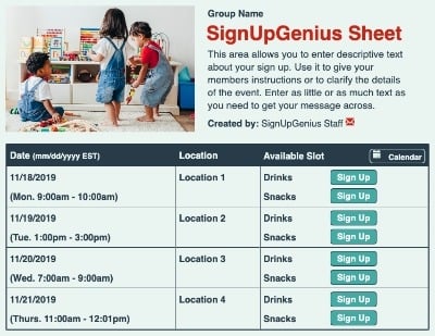 Play Date sign up sheet