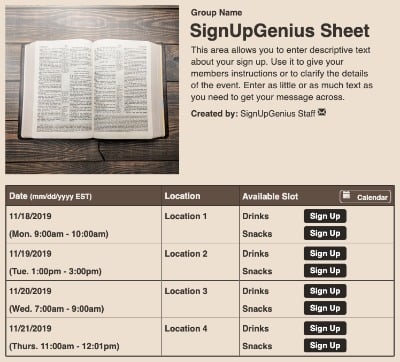 Open Bible sign up sheet
