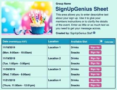 Birthday Candles sign up sheet