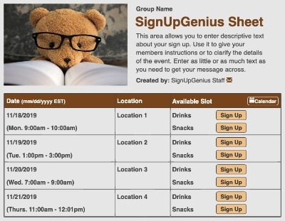 Reading Bear sign up sheet