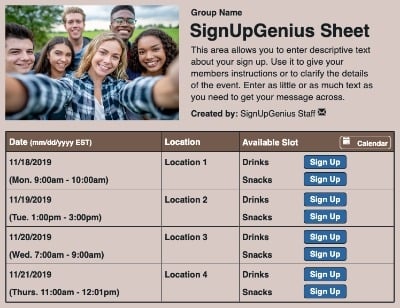 Teens sign up sheet