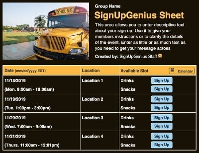School Bus III sign up sheet