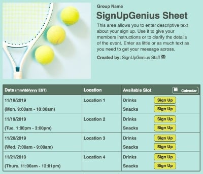 Tennis Balls sign up sheet