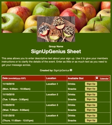 Candy Apples sign up sheet