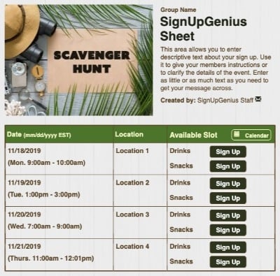 Scavenger Hunt sign up sheet