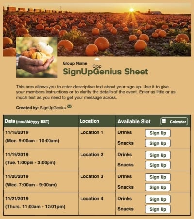 Pick a Pumpkin sign up sheet