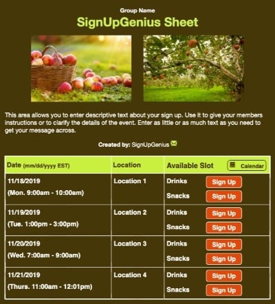Apple Farm sign up sheet
