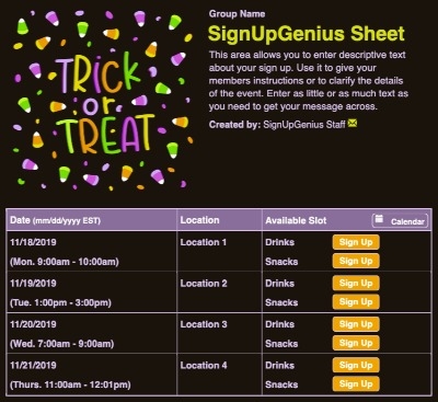 Trick or Treat 4 sign up sheet