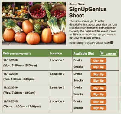 Fall Harvest sign up sheet