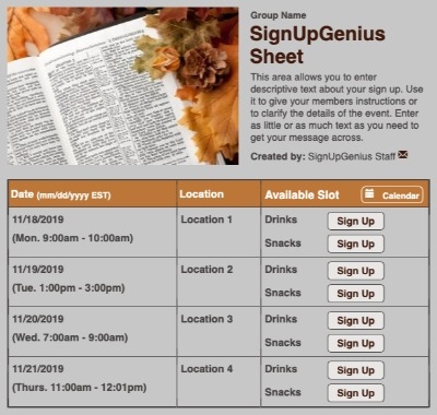 Fall Bible sign up sheet
