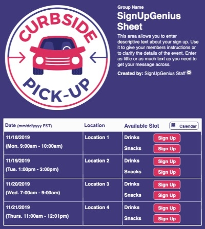 Curbside Pick-Up sign up sheet