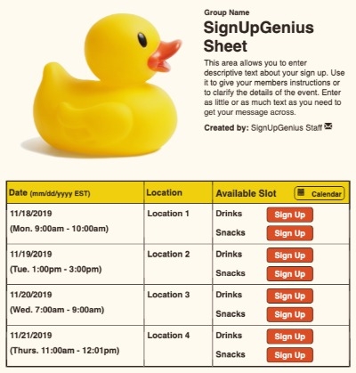 Rubber Duck sign up sheet