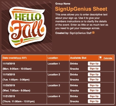Hello Fall sign up sheet