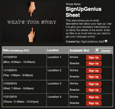 What's Your Story sign up sheet