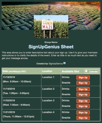 Corn Maze sign up sheet
