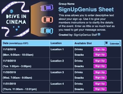Drive In Cinema sign up sheet