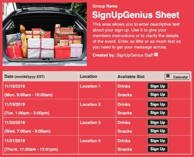 Car Gift Delivery sign up sheet